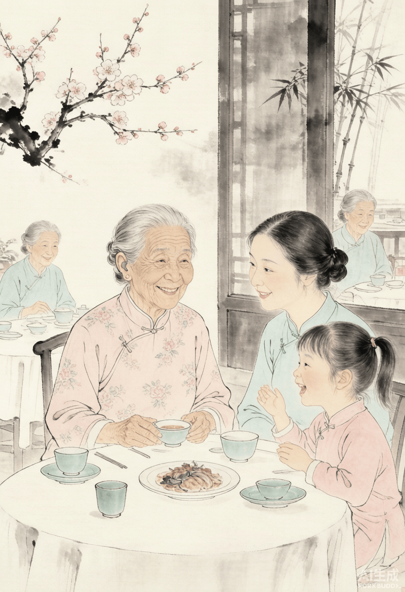 老人佩戴助听器与家人聊天，重庆助听器验配服务.png